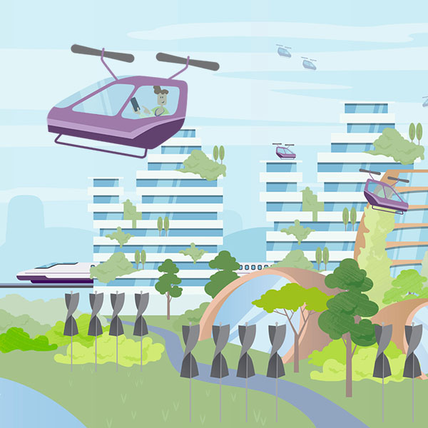 illustratie, animatie, dag in 2050, stad van de toekomst